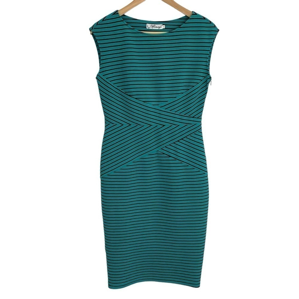 VfEmage Striped Sheath Dress Womens 12 Turquoise Fitted Sleeveless Defined Waist